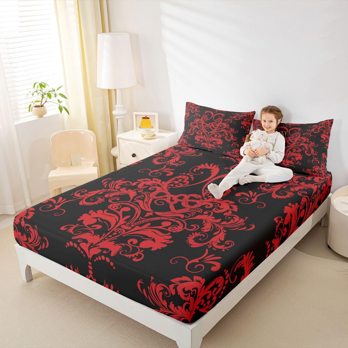 Homewish Czerwony adamaszek zestaw pościeli podwójny serpentyn mały smok gotyckie prześcieradła vintage boho kwiatowy zestaw prześcieradeł - antyczne wiktoriańskie dopasowane prześcieradła wierzchnie