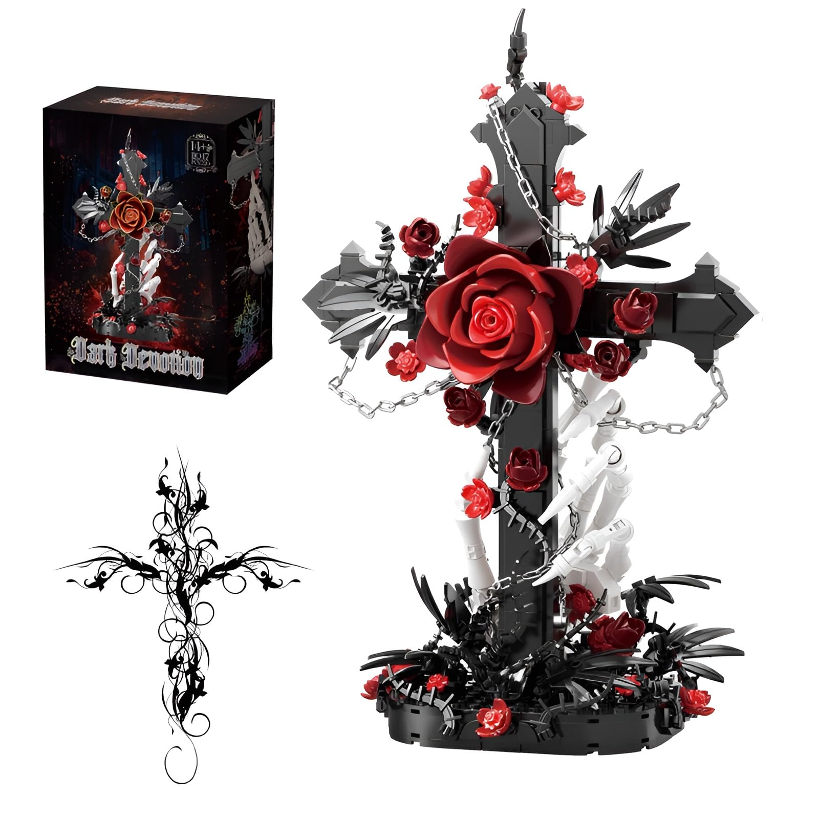 Gothic Cross Red Rose Building Set, 720PCS Skeleton Hand Collectible Flower Brick Model, Dark Botanical Collection Gothic Decor, Gifts for Halloween Religion Adults Collectors Display Anniversary