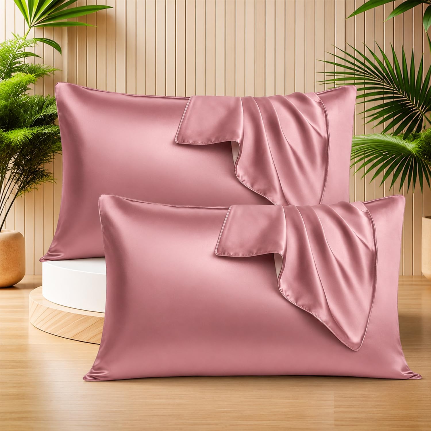 SITTELLA Satin Pillow Covers for Hair | Set of 2 + 1 Free Satin Scrunchie | Silk Pillow Case | Soft Pillow Satin Cover with Hidden Zipper | Pillow Cover | Rose Pink