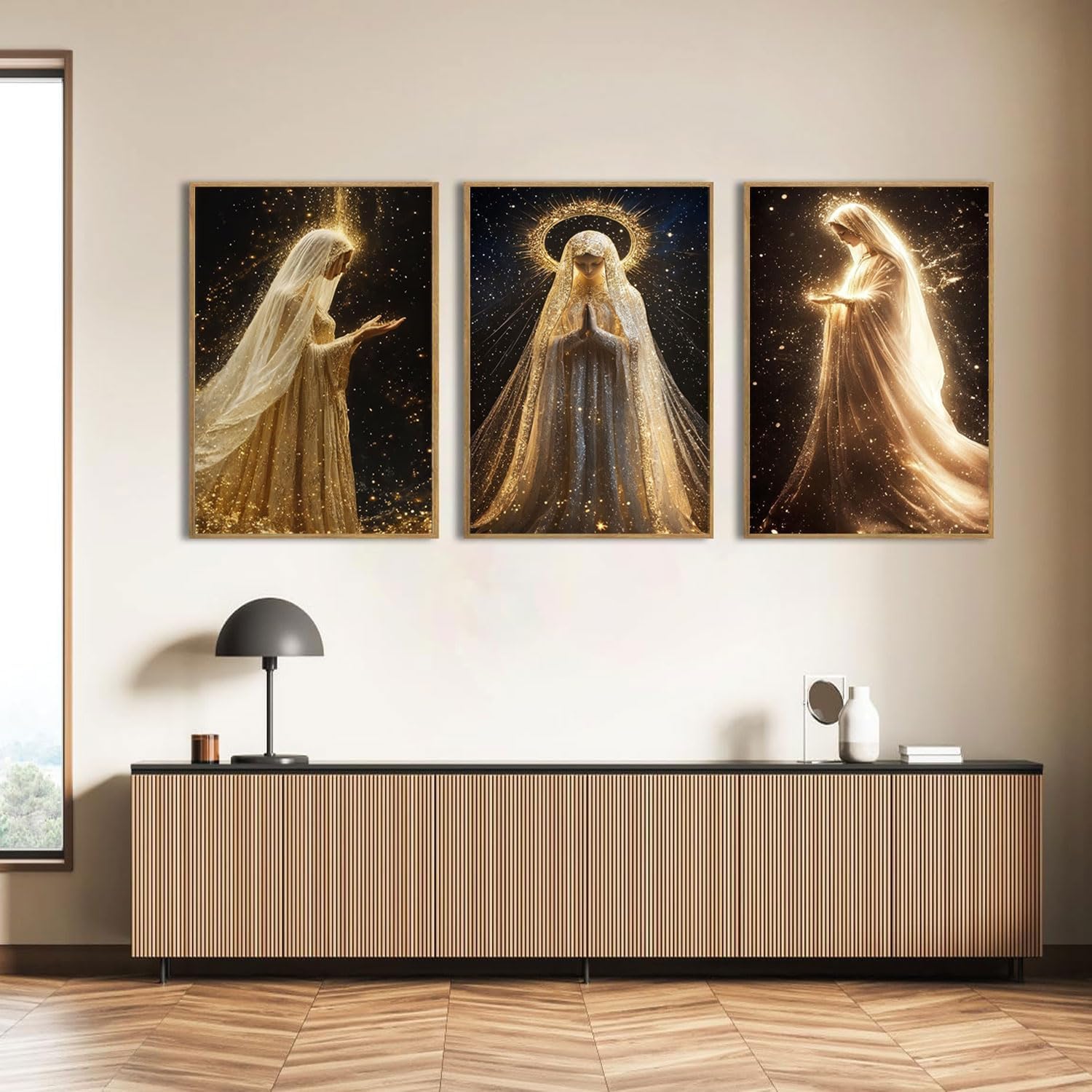 3Pcs Virgin Mary Canvas Wall Art Our Lady of Guadalupe Radiating Golden Wall Decor Pictures Black Religious Catholic Poster Prints for Church Prayer Room Christian Home Decoration 12x16in Unframed