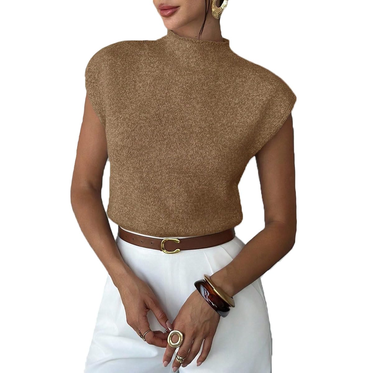 LOFAAC Women Elegant Mock Neck Sleeveless Sweater Vest Casual Cap Sleeve Cinched Waist Pullover Knit Jumper Tops