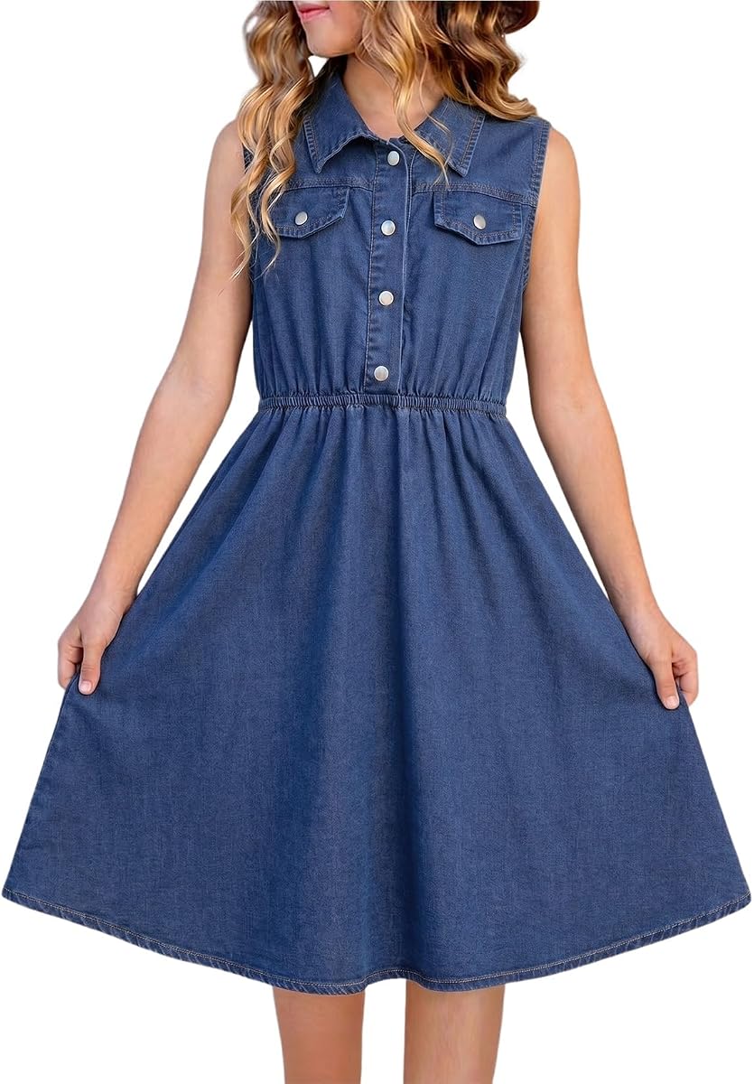 blibean Vestido de Verano sin Mangas para Niñas Talla 6-15 | Camiseta Sin Mangas, Vestido de Verano A Line, Vestido Jean para Niñas, Lindo Vestido de Vaquera Weatern, Ropa para Niños con Bolsillos