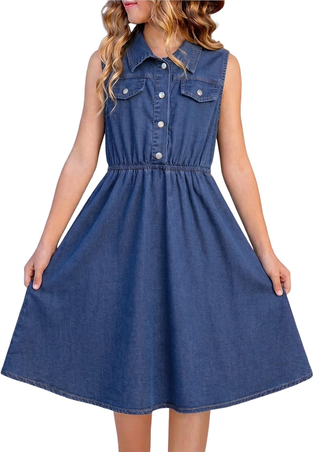 blibean Tween Girls Summer Dress Teen Girl Sleeveless Denim Sun Dresses Size 6-15 Years Old