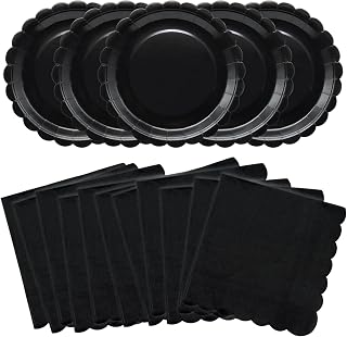 100Pcs Black Party Supplies Include Scalloped Black Paper Plates and Napkins Serves 50, Disposable Party Tableware for Birthday Retirement Wedding New Year