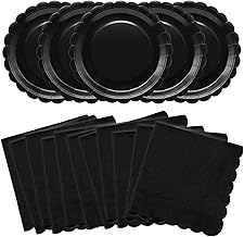 100Pcs Black Party Supplies Include Scalloped Black Paper Plates and Napkins Serves 50,Hallowee Disposable Party Tableware for Birthday Retirement Wedding New Year