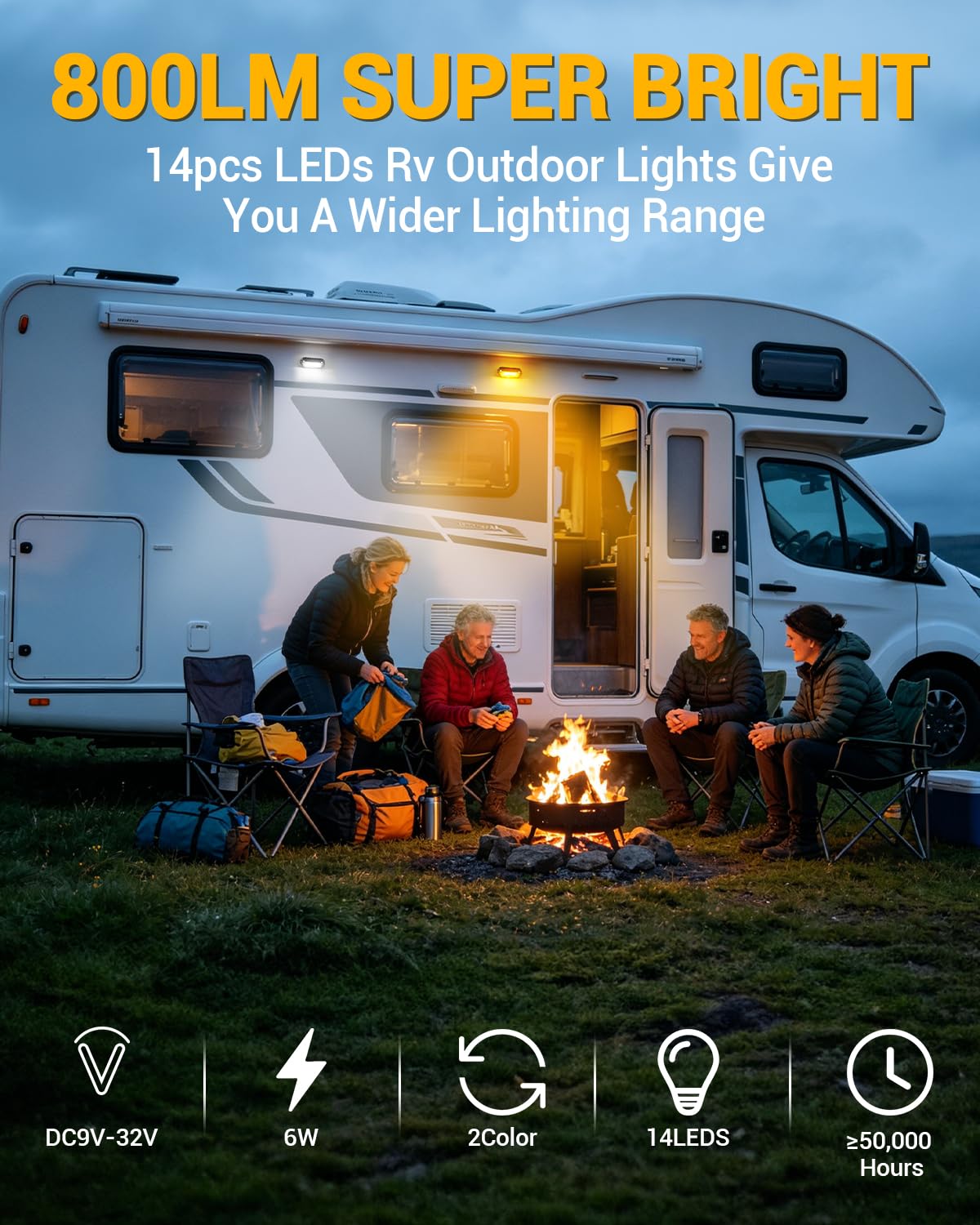 Eclairage Exterieur Camping Car Lampe LED Camping Car 12V Lampe pour Auvent Caravane Lumière 6500K Blanc et 3000K Jaune 800LM IP68 pour RV Van Bateau Camion 2 Pièces