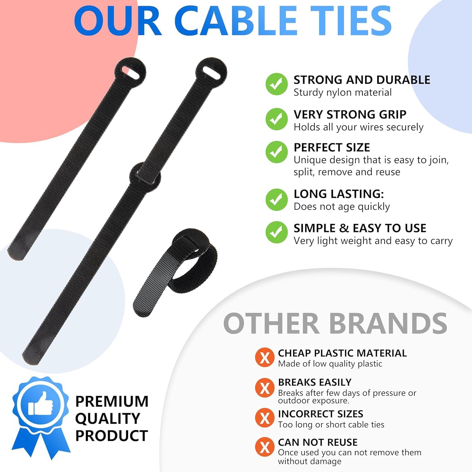 100 x Colourful Reusable Cable Ties, Cable Straps, Adjustable Cable Ties, Strong Hook and Loop Cable Straps with Buckle for TV Cables, PC Cables and Desk Organisation image 3