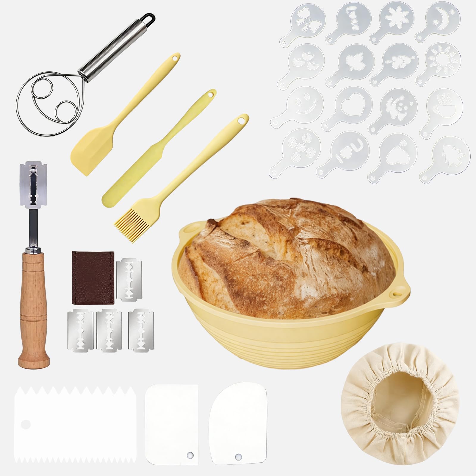 Gärkorb Brot Set, Brotback Set mit 23 cm Silikon Gärkörbchen Rund, Edelstahl Teigmischer, Brotmesser, 3 Teigschabern, Leinentuch, 16 Brotschablonen, Ideal für professionelle Bäcker und Heimbäcker