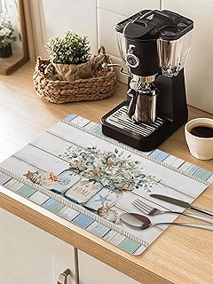 Eucalyptus Leaf Coffee Mat Starfish Shell Vase Teal Wood Grain Rope Absorbent Bar Mat for Coffee Maker and Espresso Machine, Hide Stain Rubber Backed Dish Drying Mats for Kitchen Counter, 18"x24"