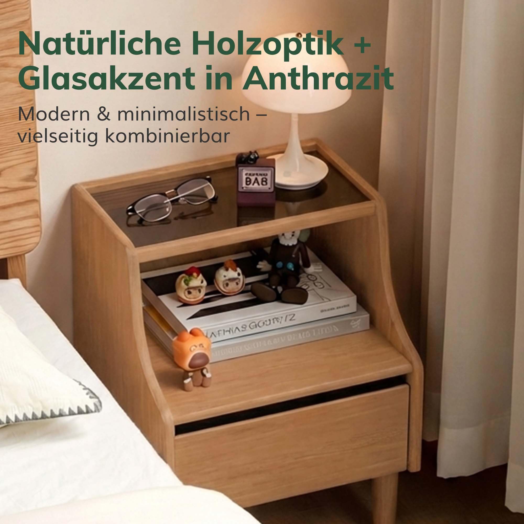 YESWOOD Massivholz Nachttisch mit Schubladen & Offenes Feld,40x35x60cm