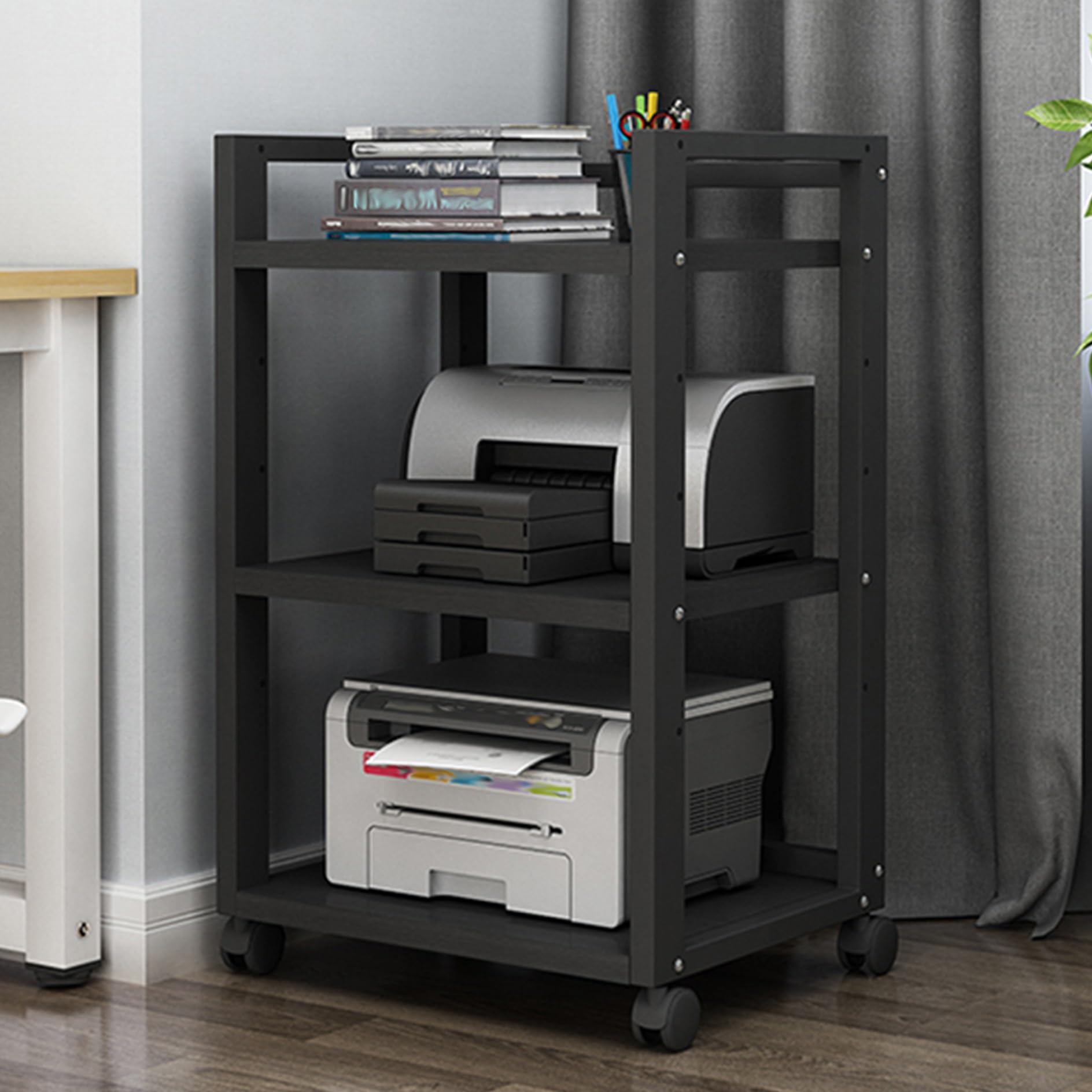 CWCQGH 3 Tier Wooden Stand with Wheels Corner Stereo Cabinet Revolving Amplifier Console Game & DVD Rack for Living Room Stylish Black Media Storage Tower,Black-50x40x79cm