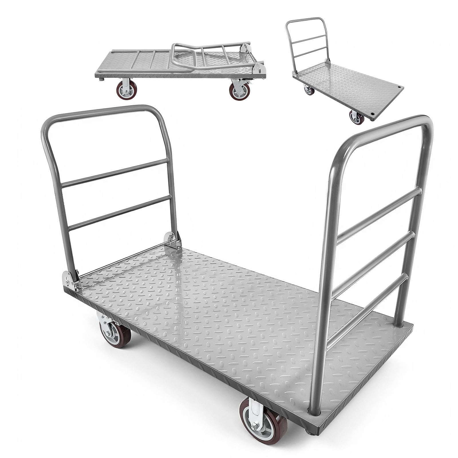 VEVOR Carrello da Trasporto a Piattaforma Capacità Carico max. 1202,02 kg, Carrello con Pianale Maniglia Doppia Pianale per Trasporto di Pacchi Merci Traslochi 1220 x 610 x 920 mm Ruote Girevoli
