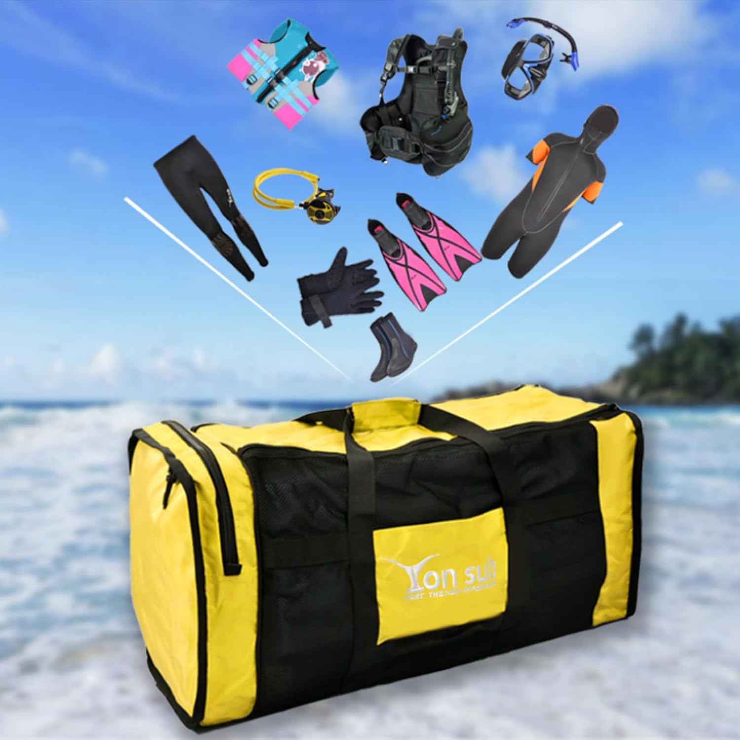 Scuba Diving Duffle Bag with Hanging Side Hooks and Front Pocket for Swimming Snorkeling Equipment Storage Nylon Polyester Material Suitable for, Yellow