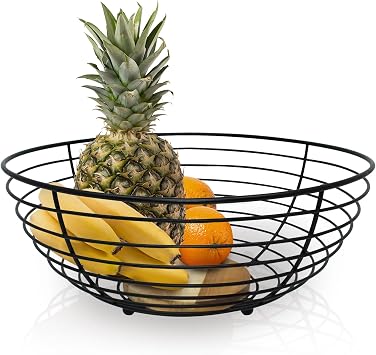 Black Wire Fruit Basket with Acacia Wood Base Metal Fruit Bowl for Kitchen Table and Counter, Fruit Container and Organizer Modern and Decorative Bowl for Home Organization and Storage