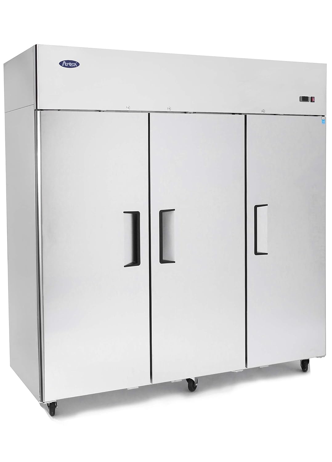 Atosa MBF8003GR 78″ Reach-in Freezer for Restaurant Hotel Cafeteria Steak House | Top Mount Compressor, 64.9 Cu. Ft. | 3-Solid Swing Door, 9 Adjustable Epoxy Coated Shelves | Stainless Steel, 115v