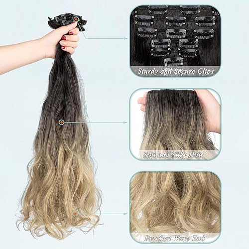 Miniatura 10 de Extensiones de cabello para mujer, 7 unidades, invisibles, largas, onduladas, rizadas, sintéticas, 24 pulgadas, rubio ceniza, mezcla de rubio