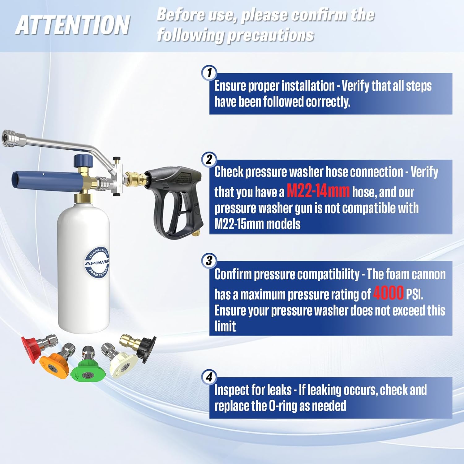 Foam Cannon Dual Connector Accessory, Pressure Washer Gun for Car Wash Kit, Double Tip Attachment for Soap Cannon, 5 Power Washer Sprayer Nozzles, 1/4 Inch Quick Connect, 1 Liter