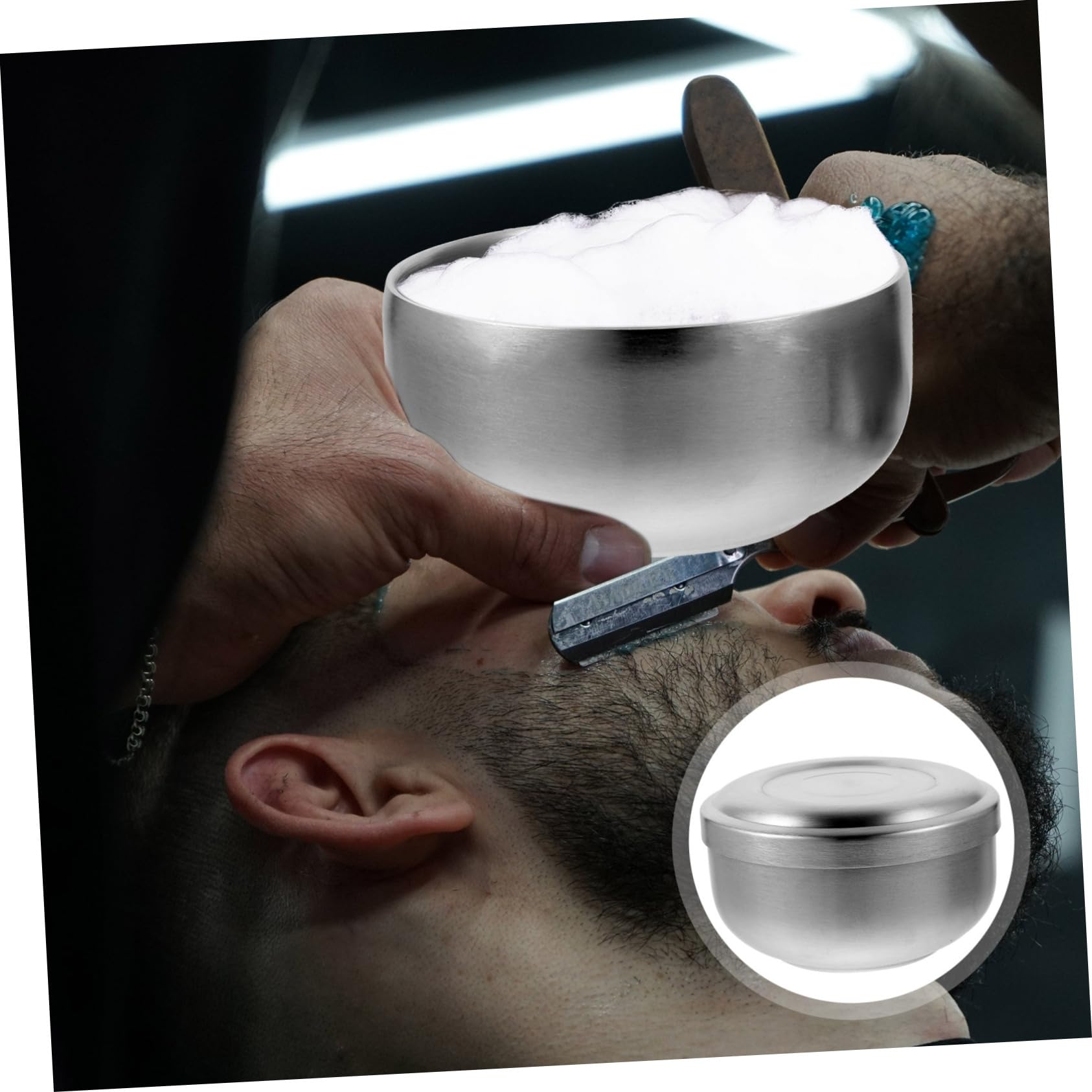 Healvian Cuenco de Afeitar Cómodo para Aplicar Crema y Jabón para Hombres Diseño Práctico y Duradero de Acero Inoxidable con Tapa Adecuado para Uso en Salón Casa