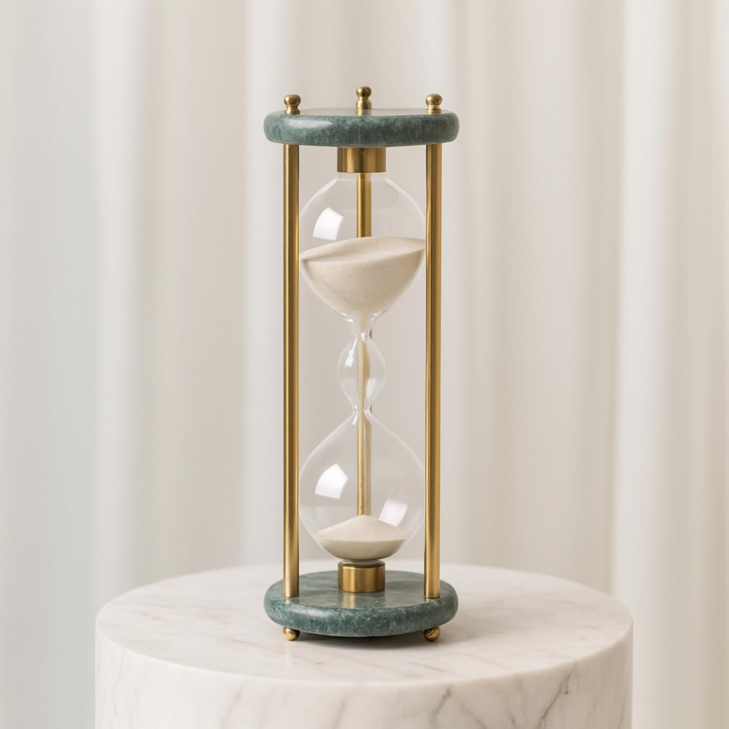 Finnegan Green Marble Hourglass Decorative Object – Stone, Glass & Metal Sand Timer Modern Home Decor Accent – Shelf & Coffee Table Decor for Office & Living Room – 11", Black