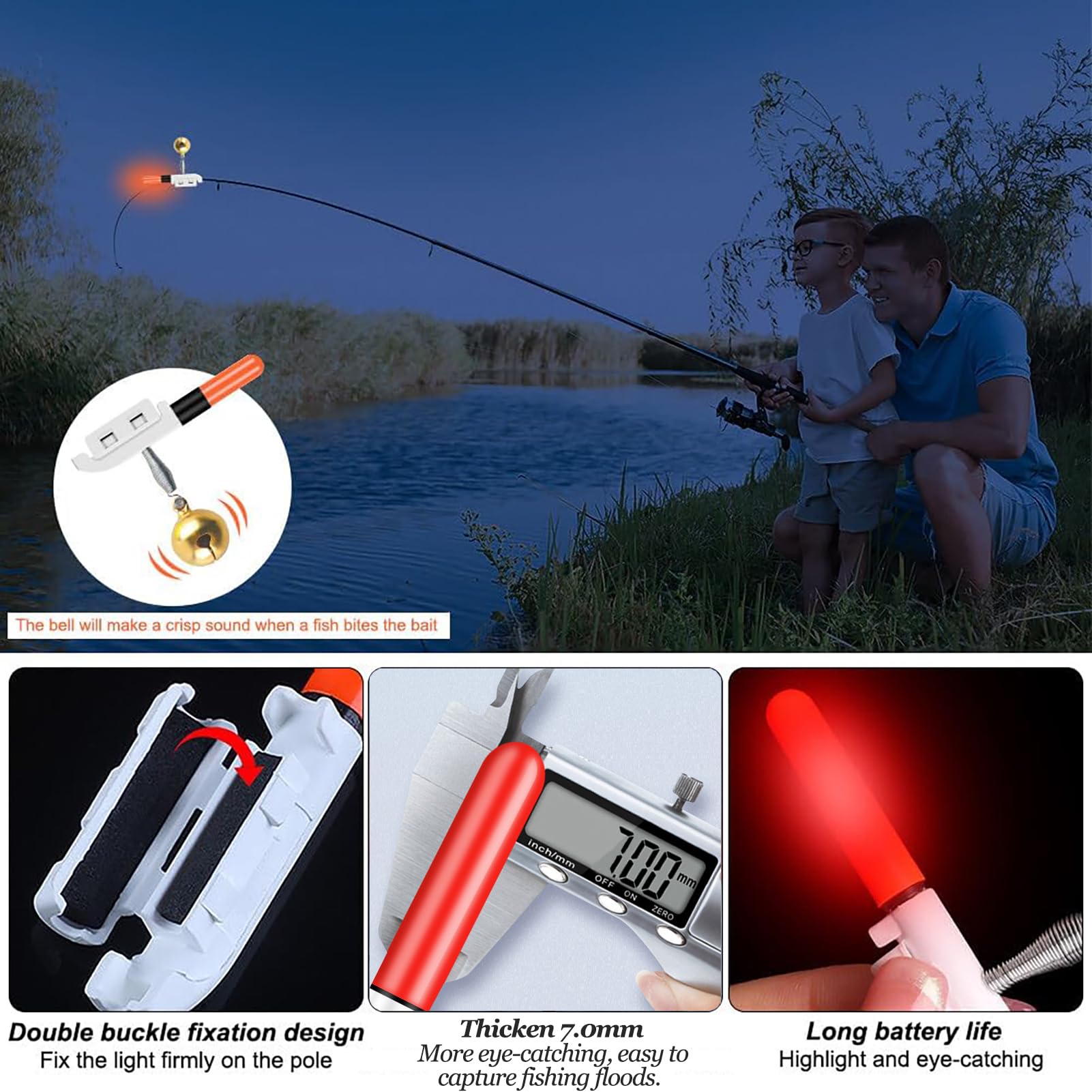 DONGZQAN Lot de 4 indicateurs de touche avec veilleuses pour la pêche, indicateurs de touche de pêche, veilleuse pour la pêche de nuit, cadeau de pêche, veilleuse de pêche de nuit avec chargeur et