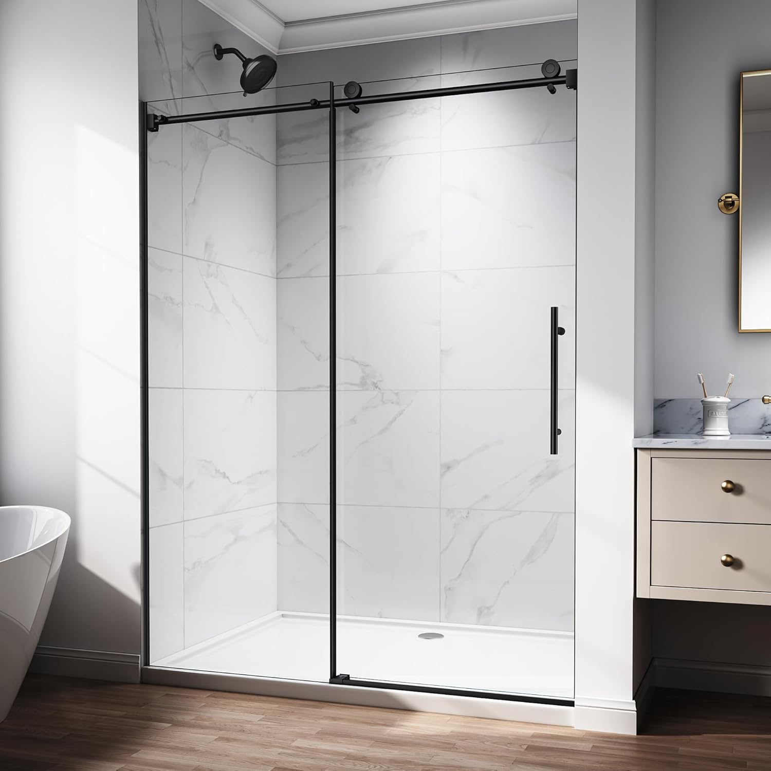 56-60" W x 76" H Frameless Sliding Shower Door, 5/16" (8mm) Clear Tempered Glass with Easy-Clean Coating, Sliding Glass Shower Door for Bathroom, Stainless Steel Hardware (Matte Black, 60" W x 76" H)