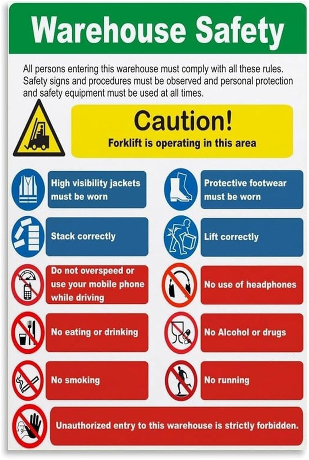 BYLSAGWHT Warehouse Forklift Operation Complete Rule Warning Poster Industrial Canvas Wall Decor(Framed,16x24inch(40x60cm))