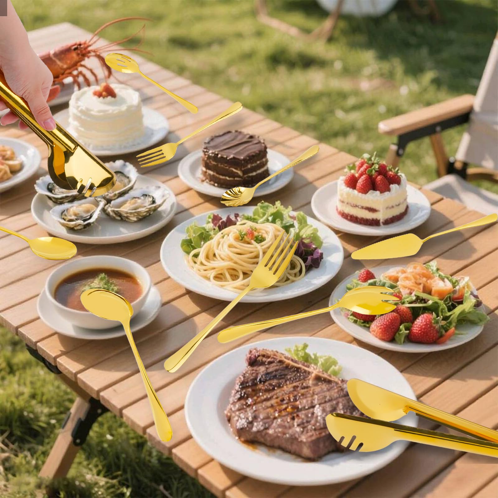 Set di posate dorate da 14 pezzi, in acciaio inox, grandi posate da insalata, mestolo da servizio, coltello da torta, forchette da torte, pinze da servizio, utensili da cucina, set per buffet