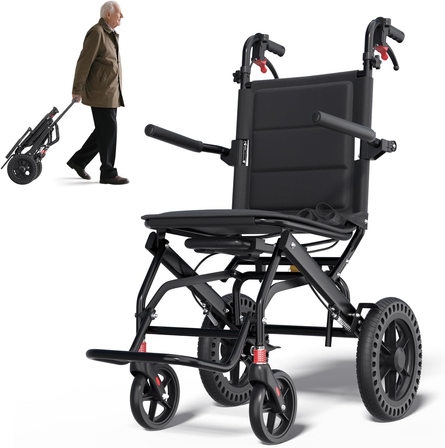 Ultra-Lightweight Folding Wheelchair, Travel Wheelchairs with Foldable Pedals and Flip-Backs Arms, Handbrake & Telescopic Handle, Handle Manual Wheelchair 12" Wheel