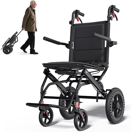 Ultra-Lightweight Folding Wheelchair, Travel Wheelchairs with Foldable Pedals and Flip-Backs Arms, Handbrake & Telescopic Handle, Handle Manual Wheelchair 12" Wheel