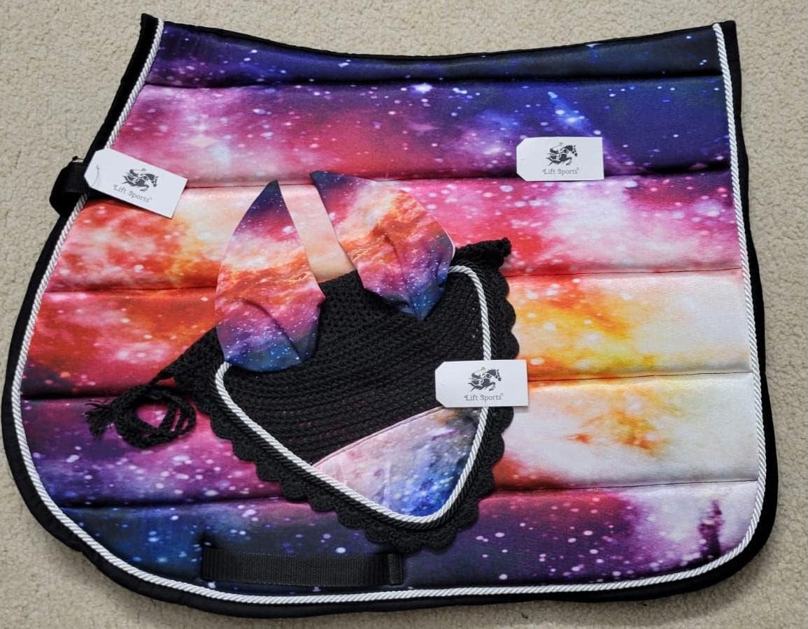 Galaxy Style Horse English Saddle Pad with Matching Fly Bonnet Ear Net Cotton Fly Veil Multi Colorfull/Horse Size Multi Color