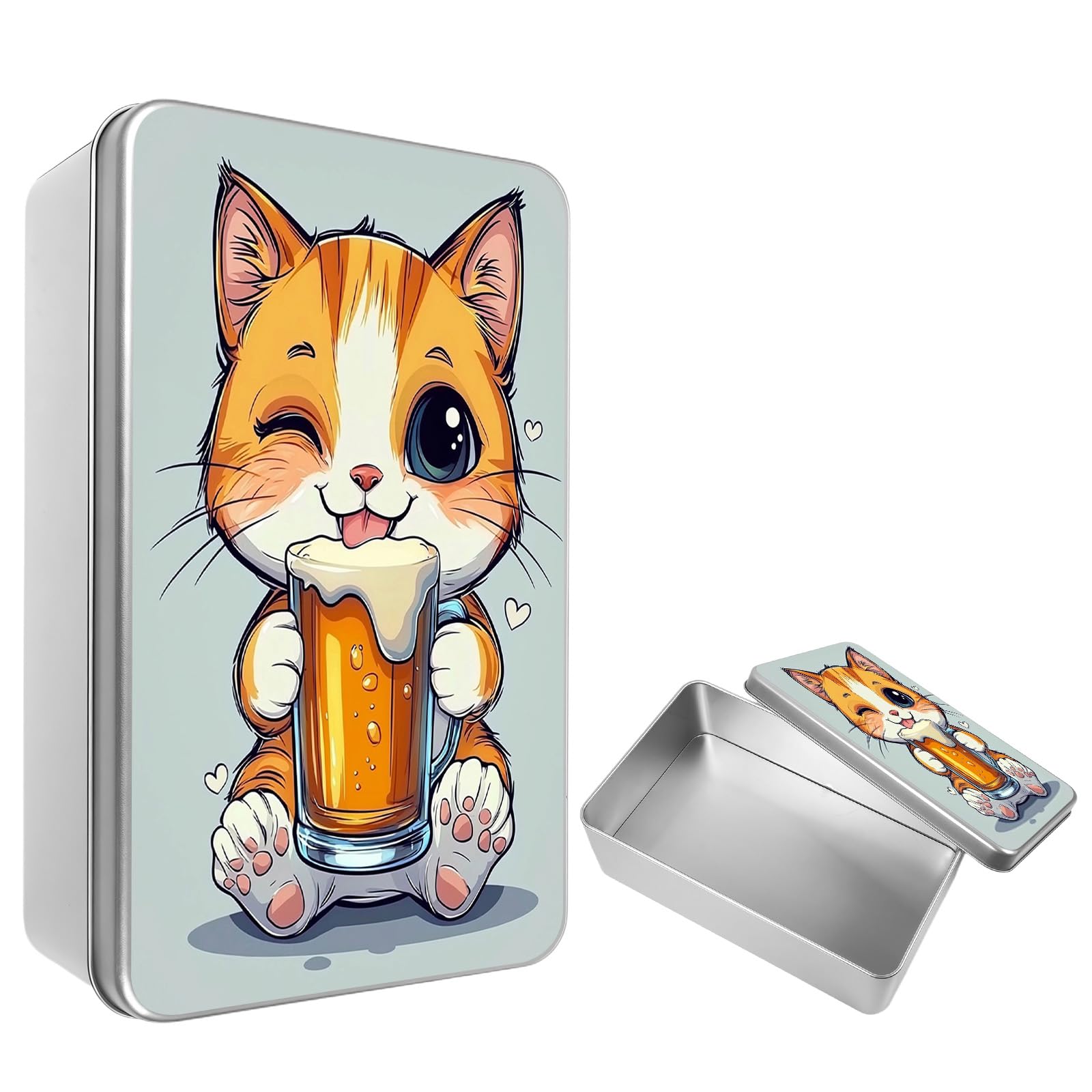 XPMPDYID Metal Tin Box with Lid, Rectangular Storage Bins Organizer, Cute Cat Beer Decorative Storage Box Containers for MTG Card Trinket Jewelry Key Craft for Desk Home Office Gift