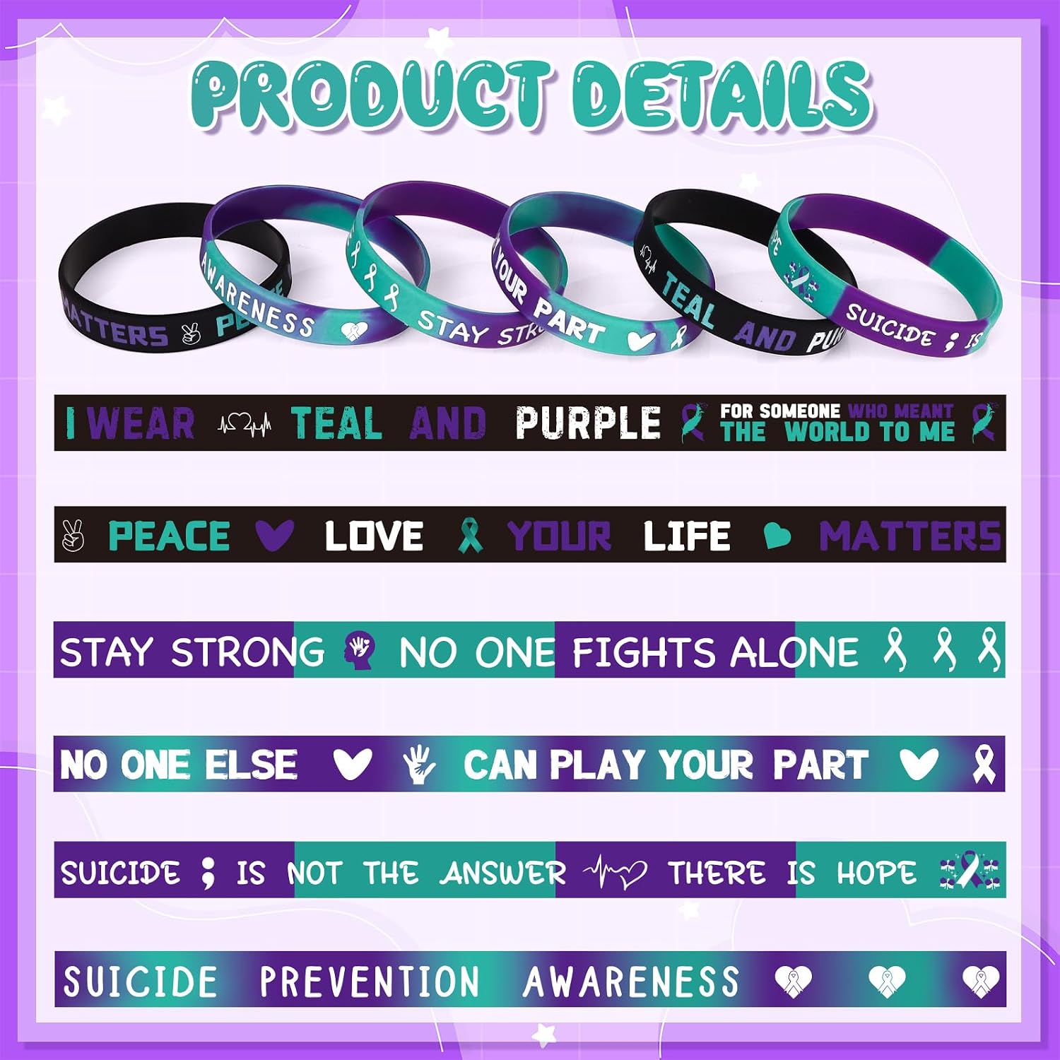 60Pcs Suicide Prevention Awareness Silicone Bracelets, Teal and Purple
