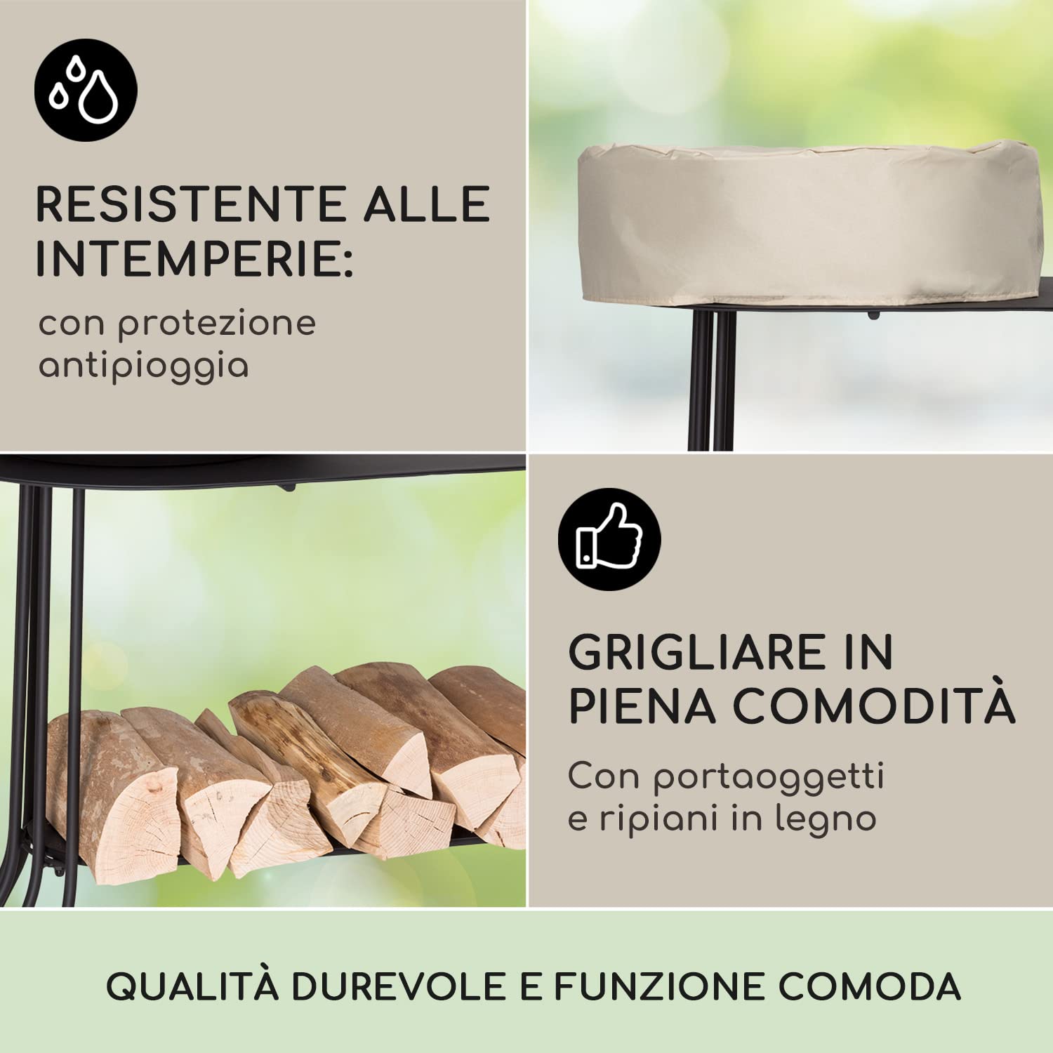 Blumfeldt Braciere da Giardino, Bracere da Esterno Portatile con Griglia, Braciere Barbecue con Griglia, Copertura Pioggia, Ciotola in Acciaio, Bracere da Esterno Legna, da Campeggio Ovale