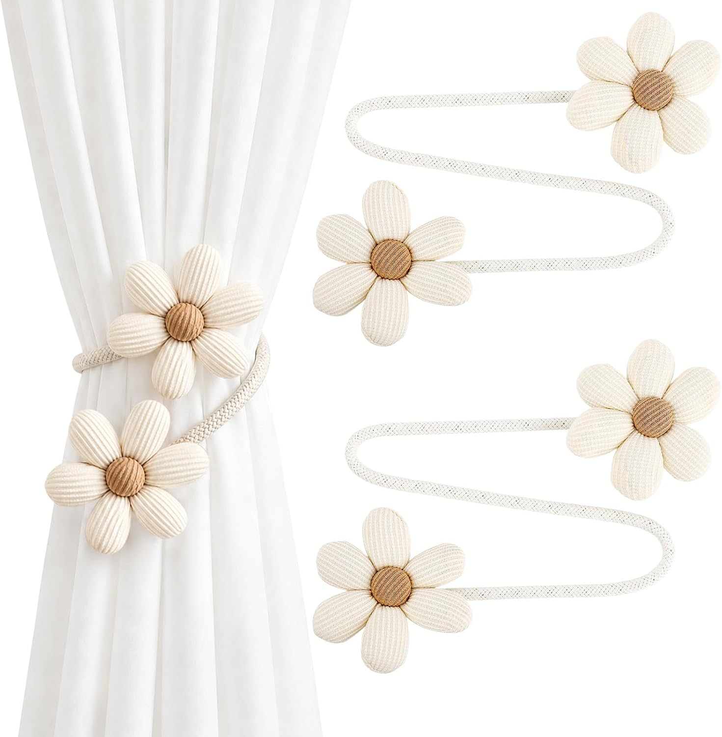 Boho Flower Curtain Tiebacks - 2 Pcs Beige Curtain Ties No Drill Floral Bedroom Decor for Living Room Bedroom Kitchen Balcony, Housewarming Birthday Gift for Friends Family