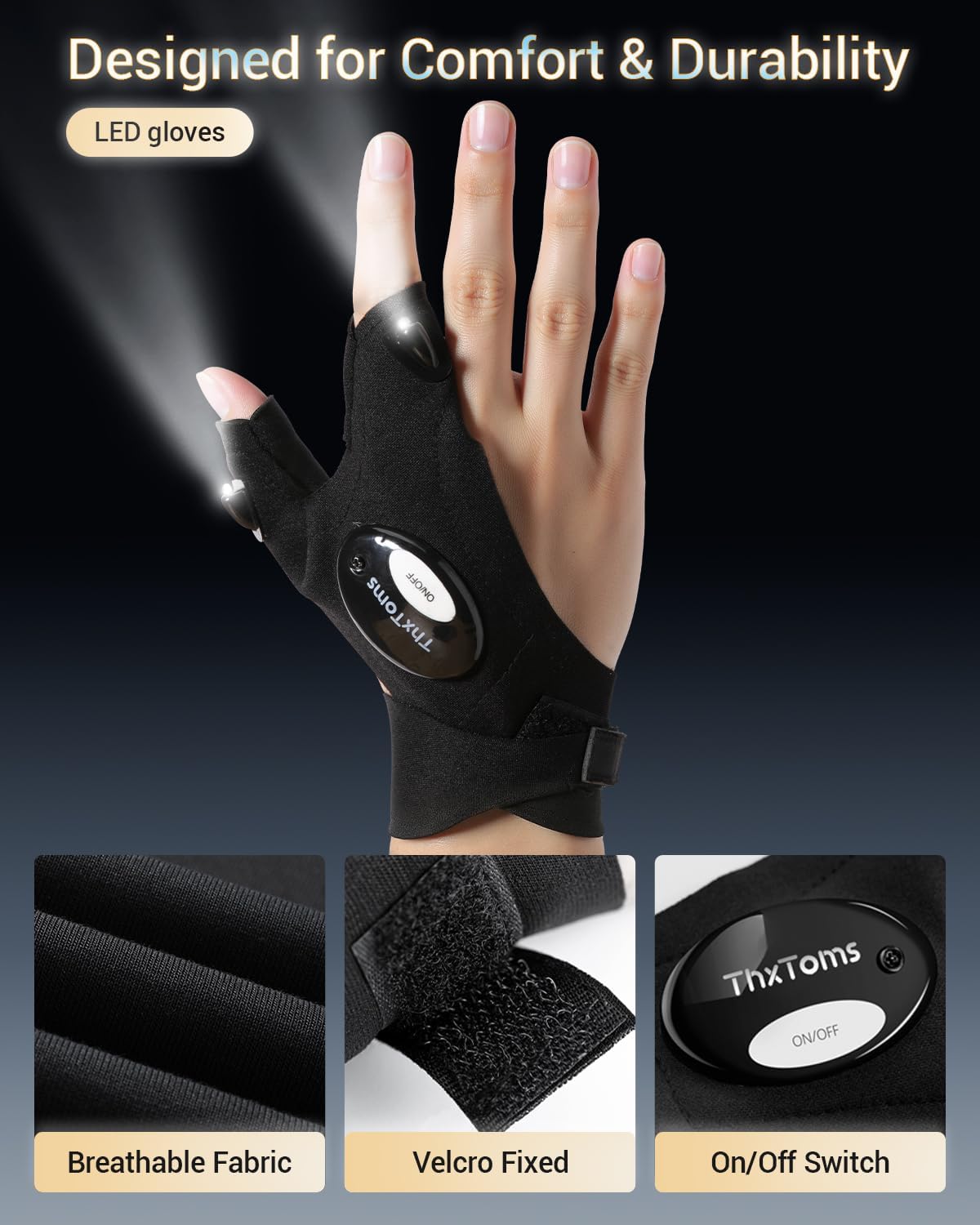 ThxToms LED Flashlight Gloves,Valentines Day Gifts for Him Men Boyfriend Husband, Mens Gifts for Fathers Day Christmas Birthday, Cool Gadgets Tools for Fishing,Repairing Camping, 1 Pair Black - Image 7