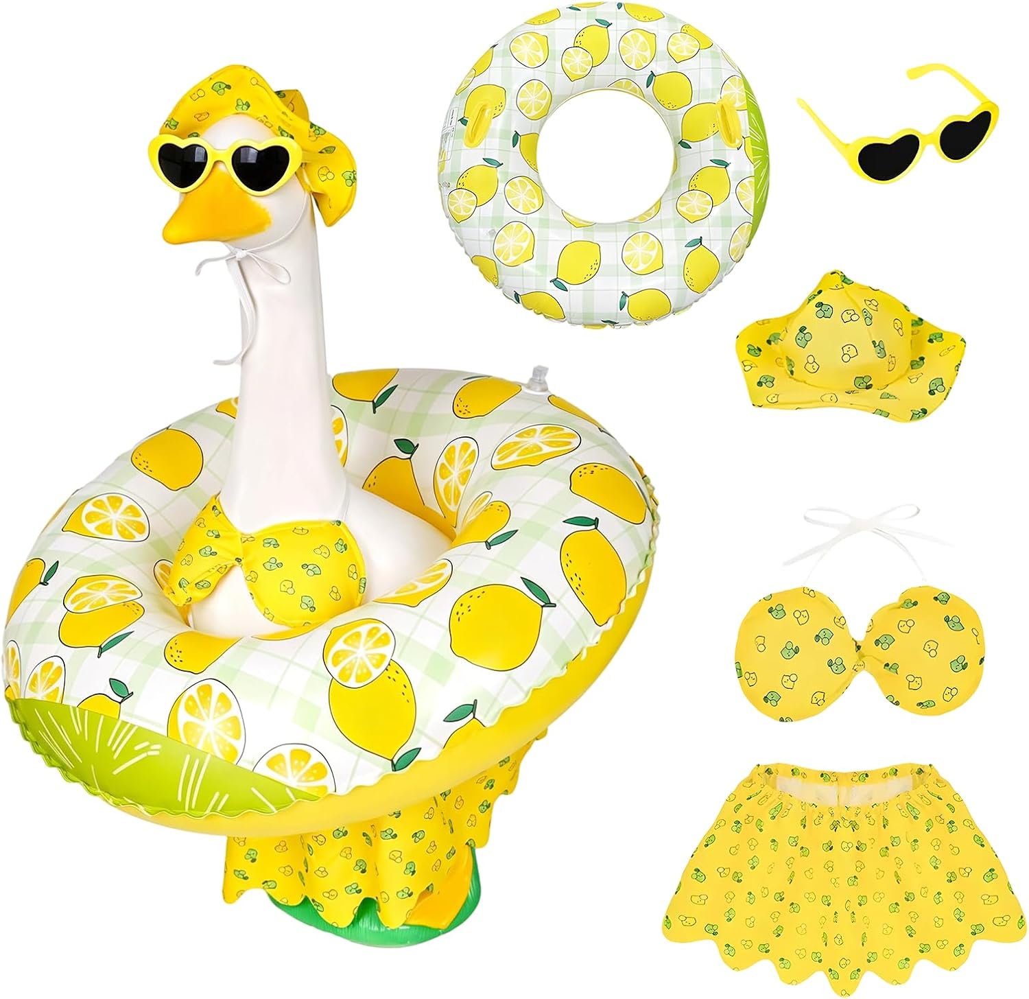 MASU&FHWE Porch Goose Outfits Yellow Lemon Bikini Summer Goose Clothes with Hat Swimsuit Floatie Sunglasses Set for Lawn, Yard, Garden,Porch Goose Decor