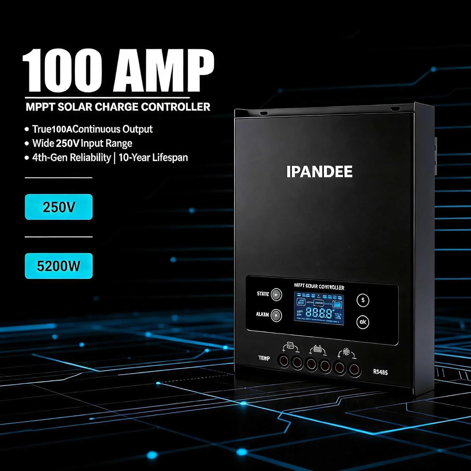 100A MPPT Solar Charge Controller with Bluetooth &App,250V PV Input,99.9% Efficiency,12V/24V/36V/48V Auto,100Amp LCD Display Solar Panel Regulator for Lithium/Lead-Acid Battery in Solar System RV Home