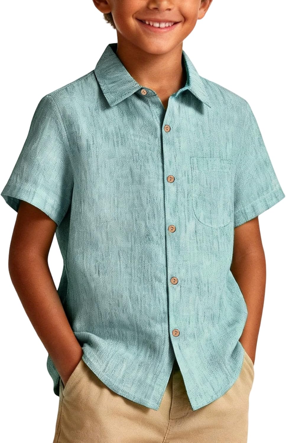 Boys Button Down Chambray Shirts Casual Short Sleeve Cotton Linen Shirt with Pockets for Kids 5-14 Years