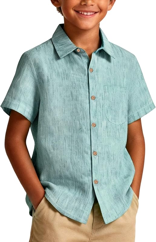 Boy Button Down Chambray Shirts Short Sleeve Linen Shirt 5-14 Year
