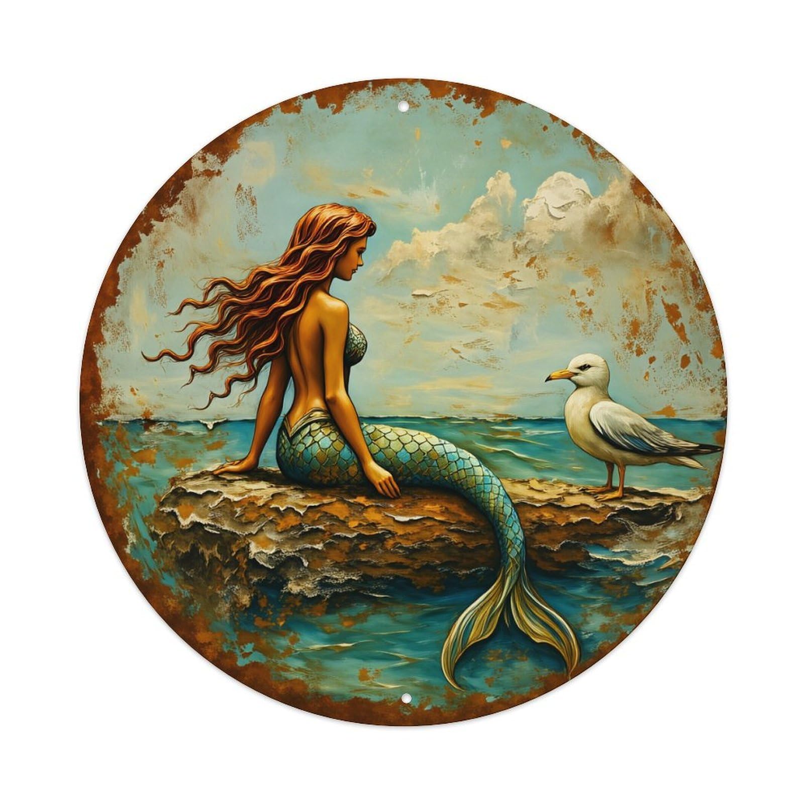 Mermaid Seagull Ocean Rock Sky Round Tin Sign Vintage Metal Poster, Home Bar Garage Man Cave Cafe Indoor & Outdoor Wall Decoration 8x8Inches