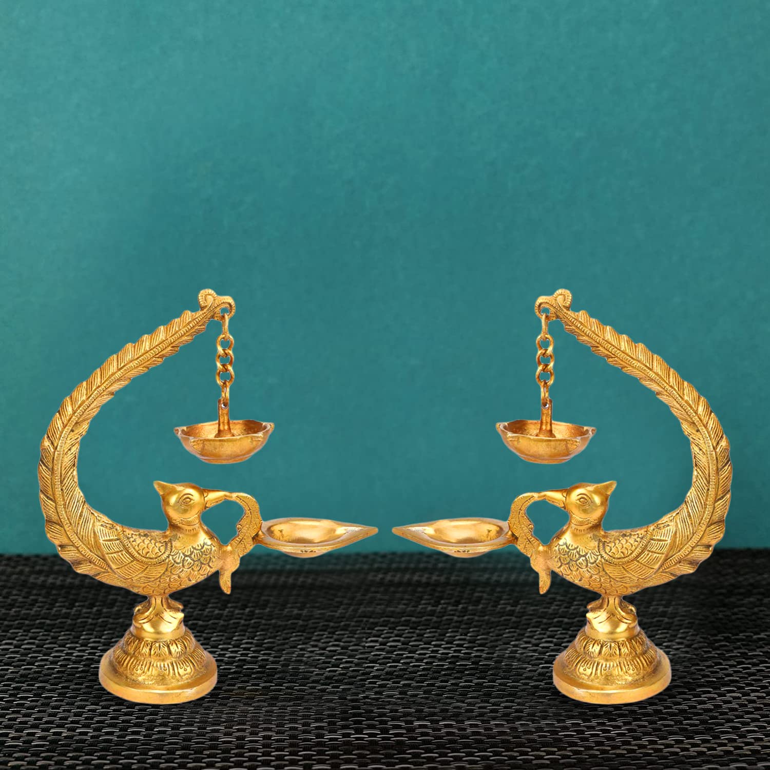 Kartique Brass Peacock Bird Design Diya Pair (2 Pcs) Stand Holder | Deepak for Puja Aarti | Oil Lamp Pooja Articles Home Décor Item - 8 Inch
