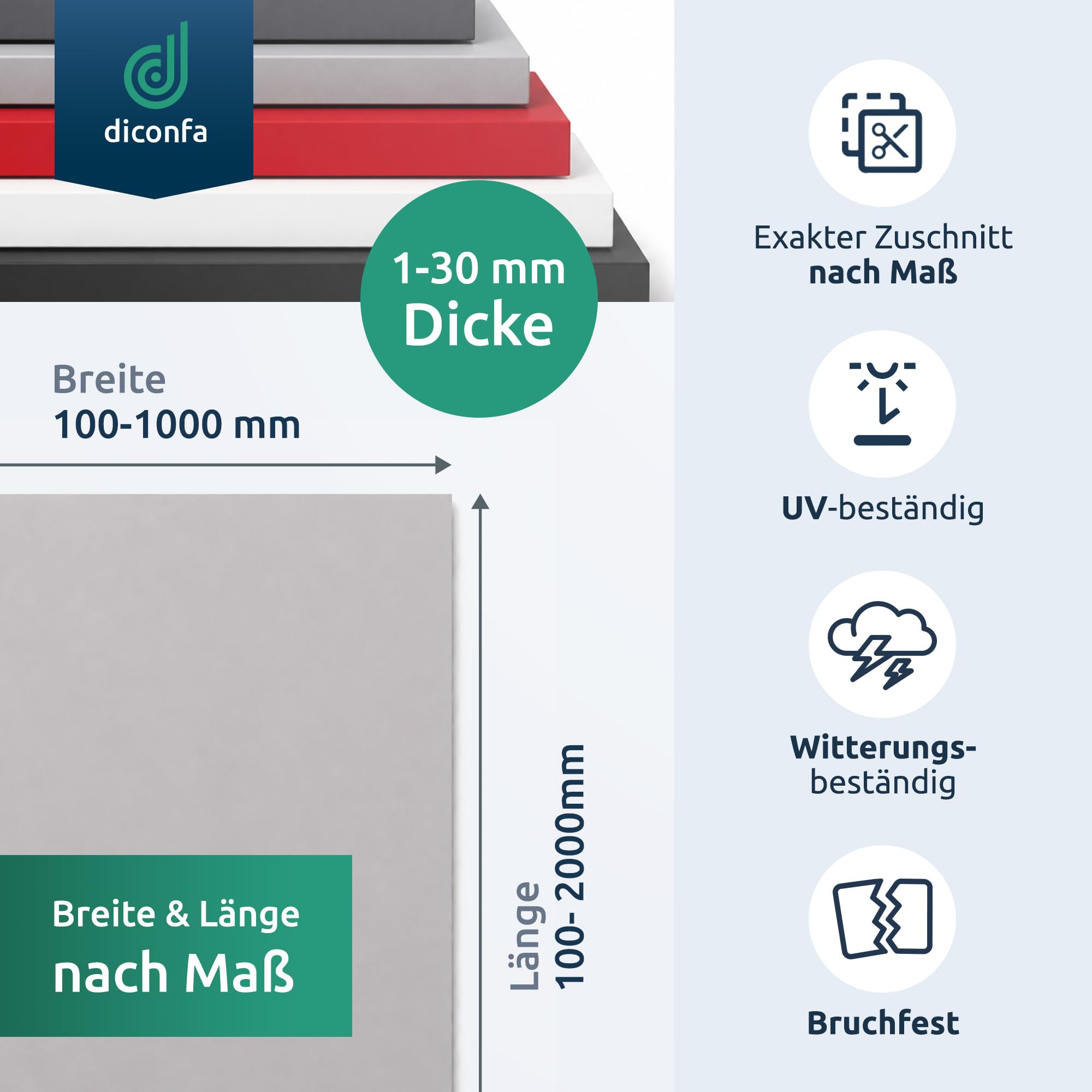 diconfa PVC Kunststoffplatte hellgrau NACH MAß - 2 bis 30mm stark - Auswahl: 100 x 1000mm (10 x 100cm), 15mm dick - hart seidenmatt - porenlos glatte Oberfläche - Platte maschinell gefertig