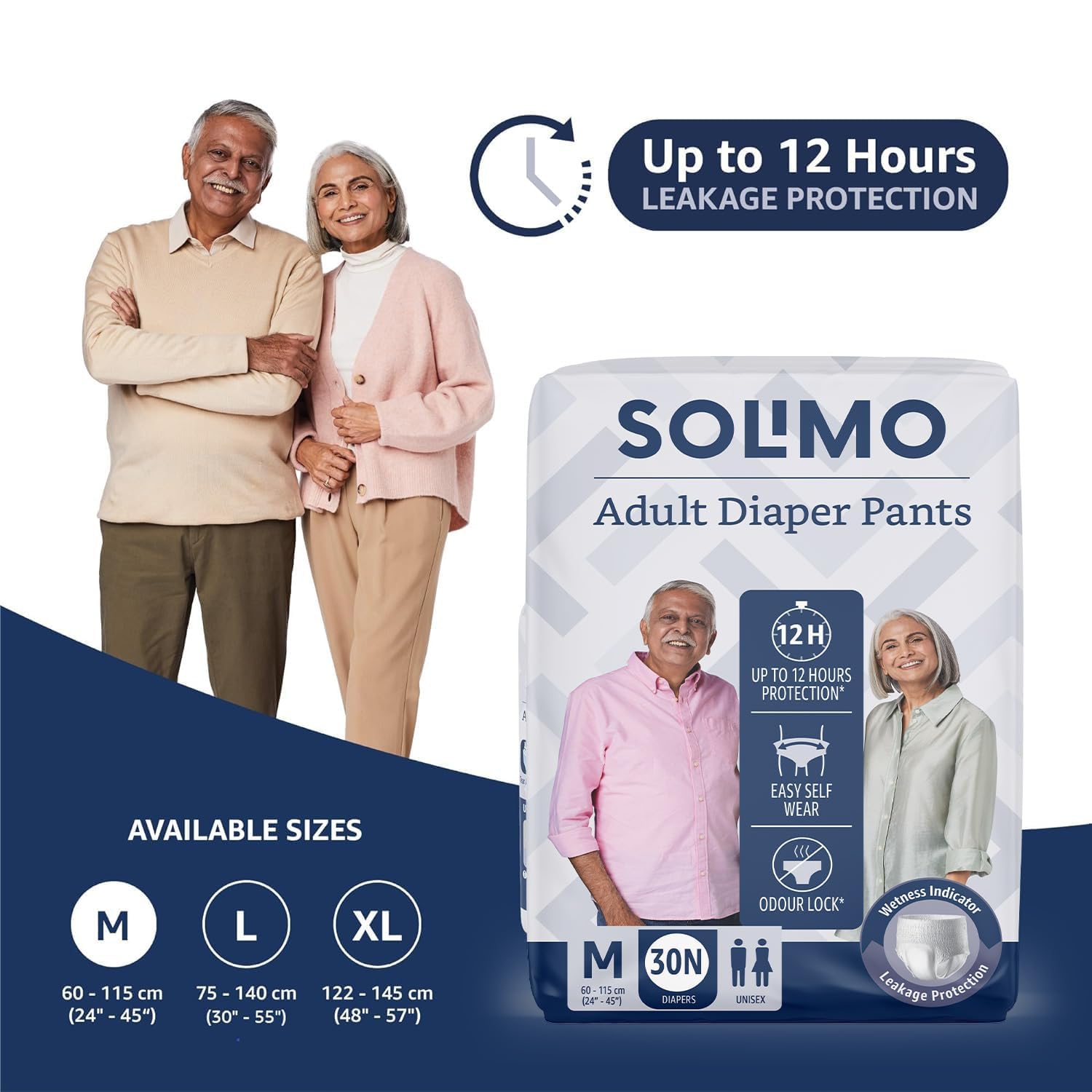 Amazon Brand - Solimo Adult Diaper Pants Style | Medium size | 60 count | (30 x pack 2) | Waist 24-45 inches (60–115 cm) | Rapid absorption | Leak proof | Unisex | For men and women Amazon Brand - Solimo Adult Diaper Pants Style | Medium size | 60 count | (30 x pack 2) | Waist 24-45 inches (60–115 cm) | Rapid absorption | Leak proof | Unisex | For men and women