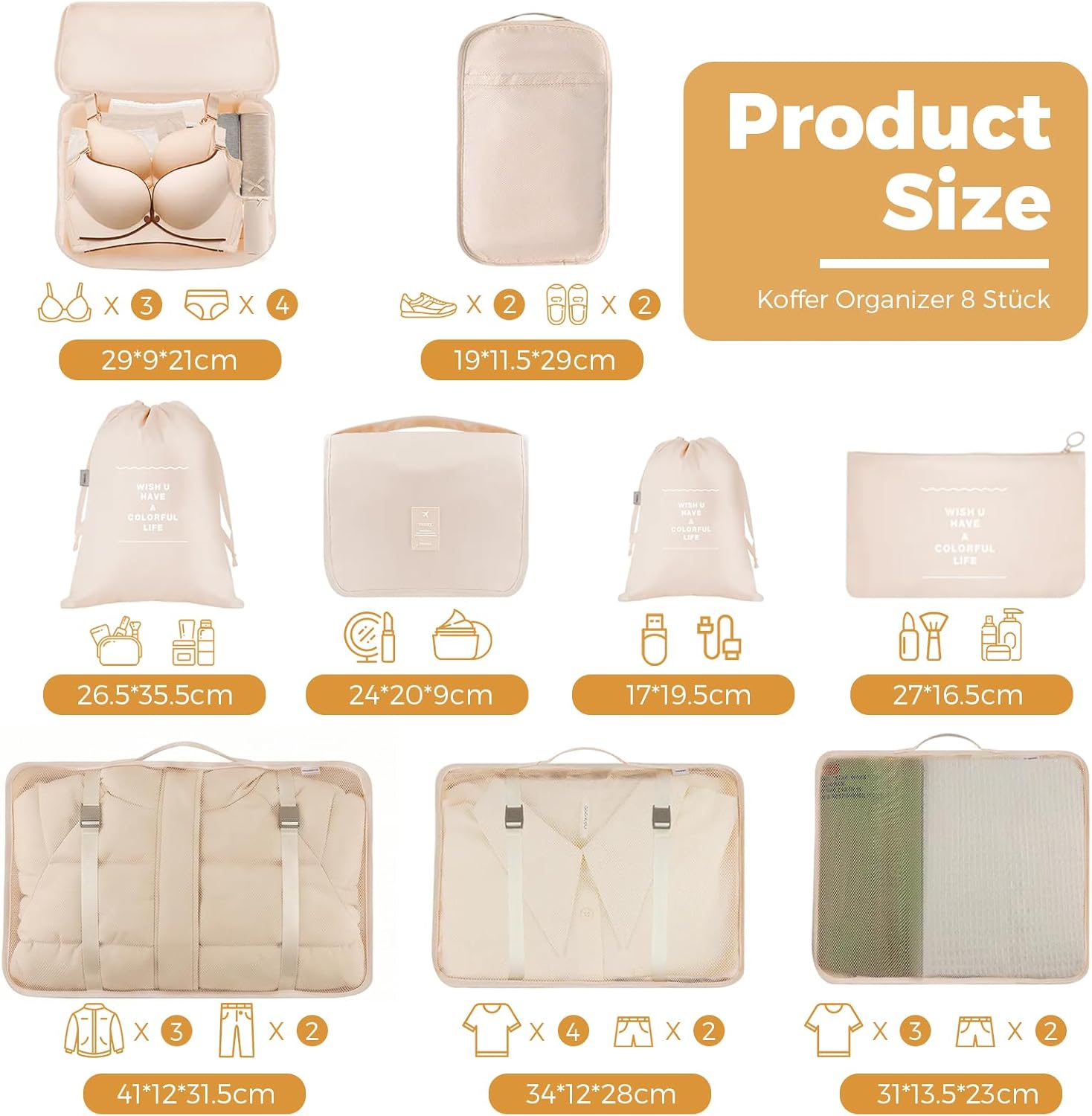 LANSKLBD 4/6/8/10 Set Packing Cubes for Suitcases Travel Luggage Packing Organizers,Travel Accessories Essentials Luggage Organizer with Shoe/Tioletry/Laundry Bag (Beige, 10 set) image 2