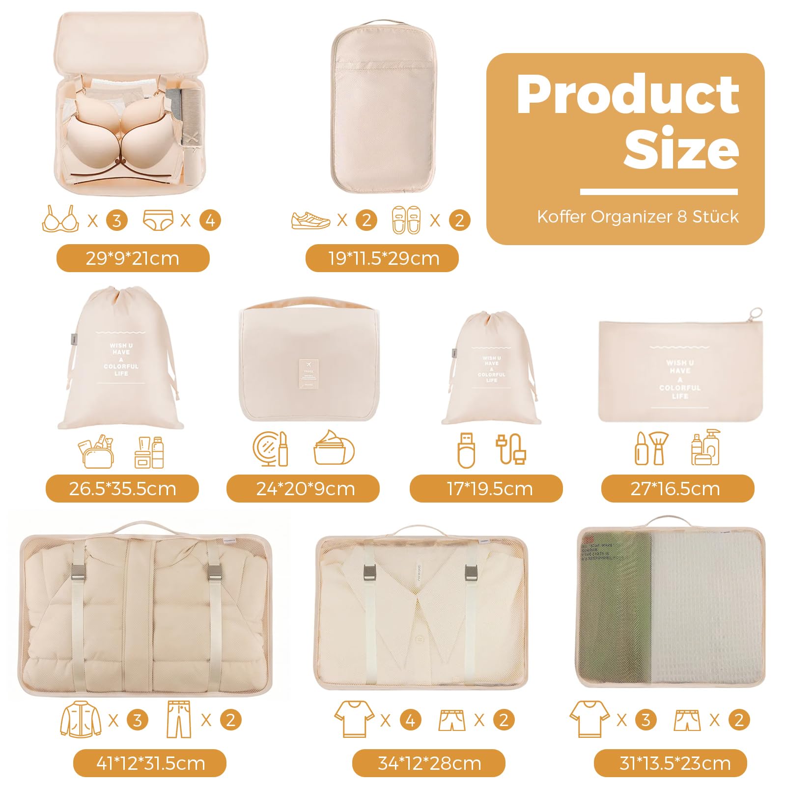 LANSKLBD 4/6/8/10 Set Packing Cubes for Suitcases Travel Luggage Packing Organizers,Travel Accessories Essentials Luggage Organizer with Shoe/Tioletry/Laundry Bag (Beige, 10 set) view 2