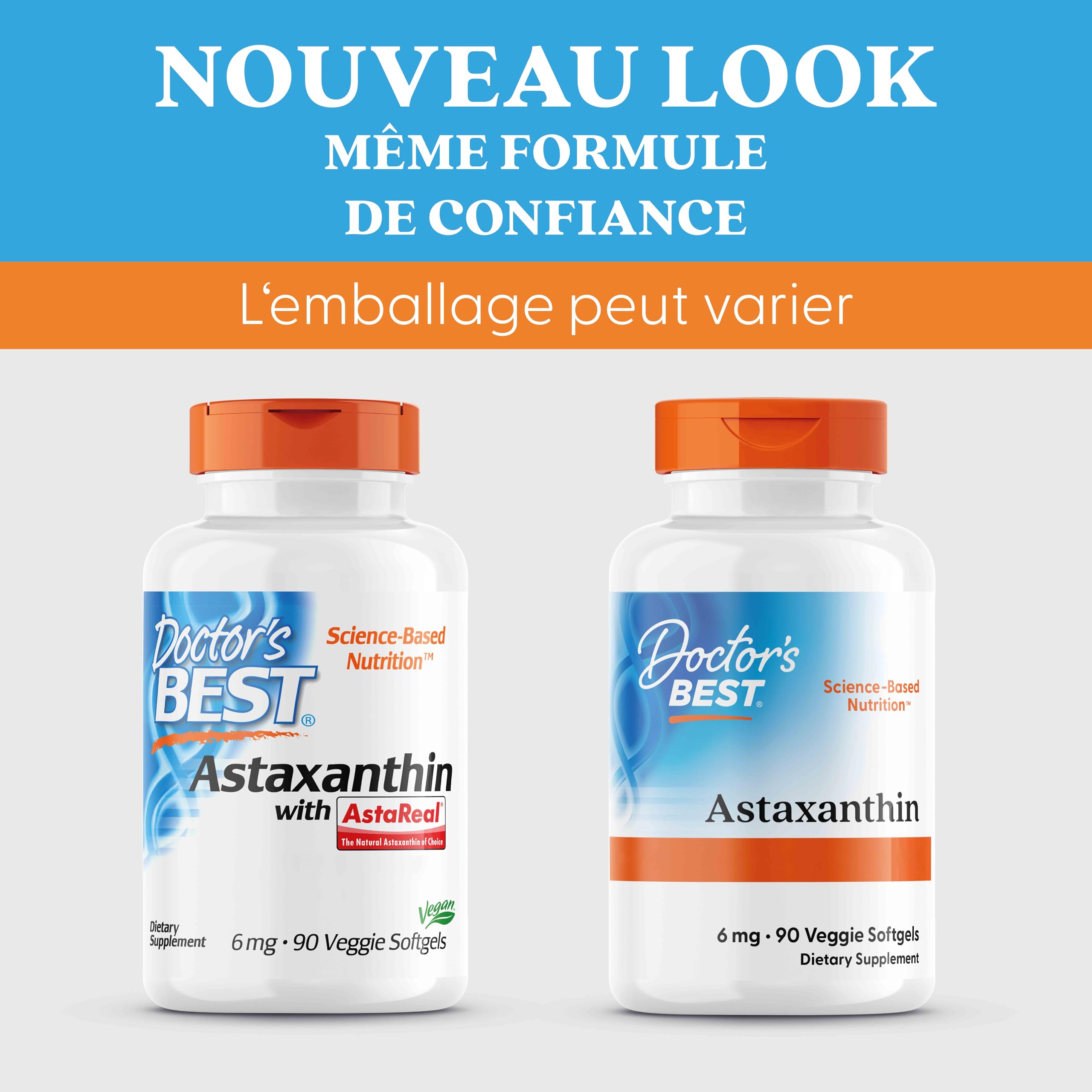Doctor's Best, Astaxanthine with AstaReal, 6mg, 90 Capsules molles, Haute Dosé, Sans Gluten, Sans Soja, Sans OGM