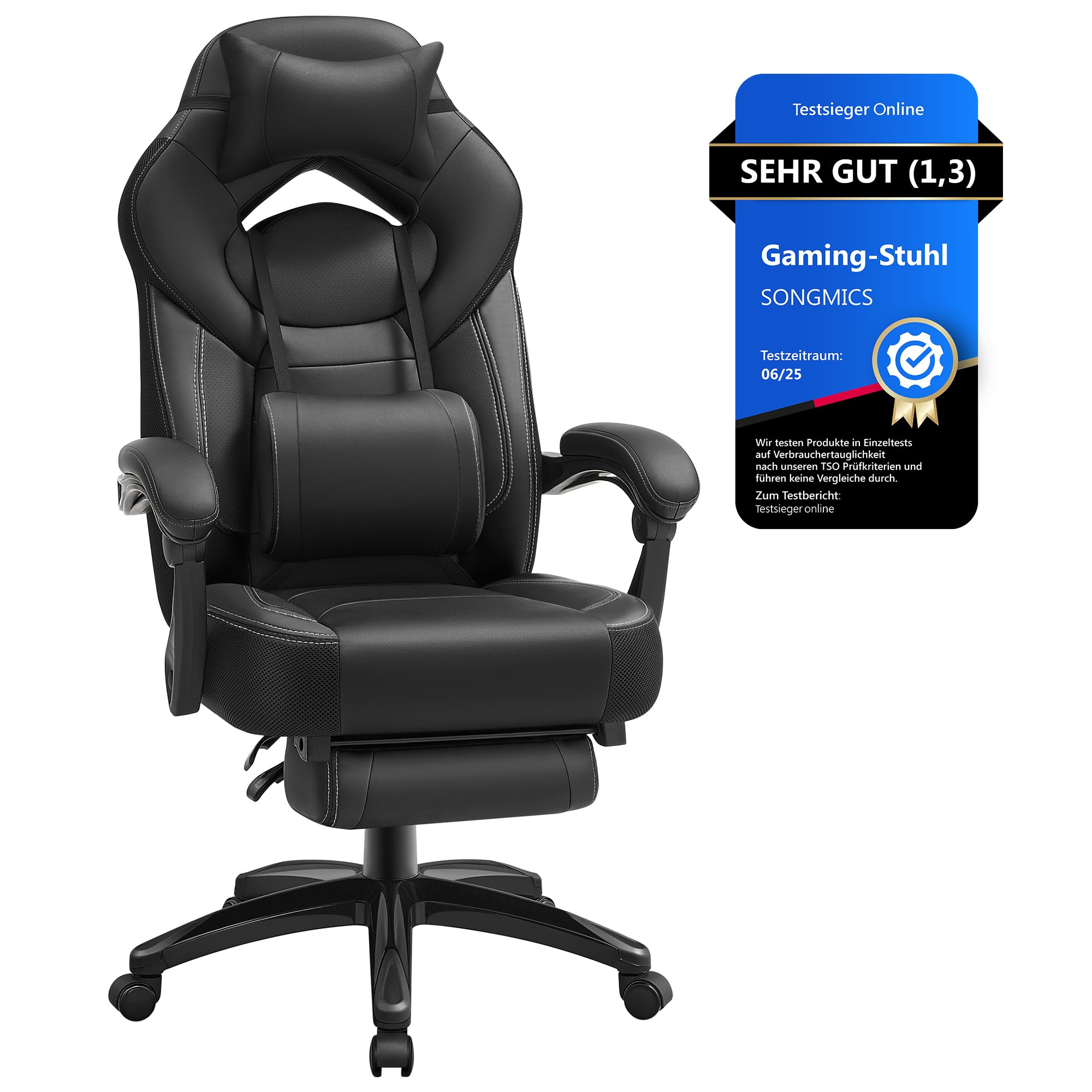 SONGMICS Gaming-Stuhl, Bürostuhl, Computerstuhl, ergonomisches Design, mit Fußstütze, verstellbares Kopfkissen, Lendenkissen, Tragkraft 150 kg, schwarz OBG077B01