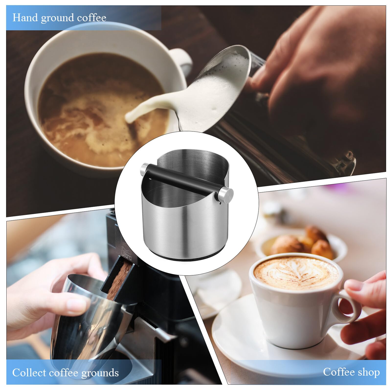 Veemoon Cubo para de Café de Acero Inoxidable 115X11 CM con Barra de Golpeo Desmontable y Base Antideslizante Negra Contenedor Práctico para Hogar Cafeterías y Bares