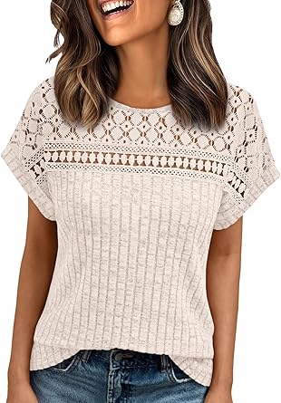 AUTOMET Womens Lace Short Sleeves Shirts Crochet Summer Tops Dressy Business Casual Blouses