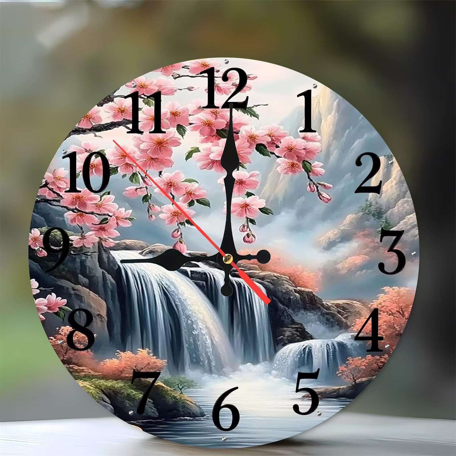 Horloge murale en bois moderne de 35 cm fleur rose et silencieuse